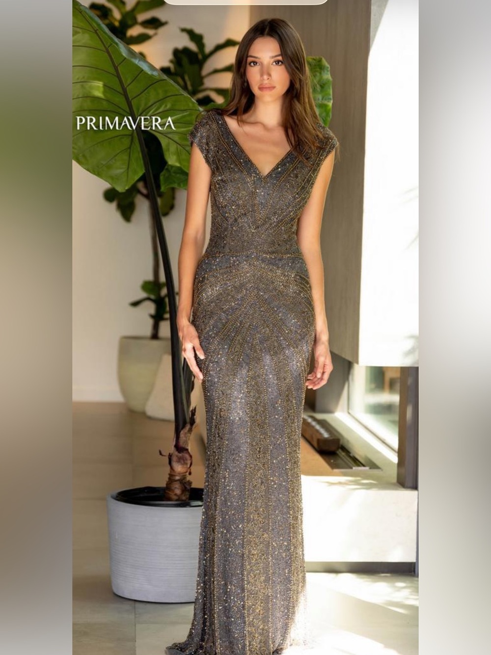 Primavera Metallic Gray & Gold Beaded Prom Dress